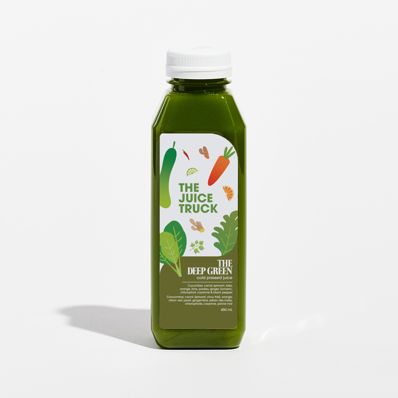 The Juice Truck Deep Green cold-pressed green juice in a 450ml bottle, made with cucumber, carrot, spinach, kale, orange, lime, parsley, ginger, turmeric, chlorophyll, cayenne, and black pepper.