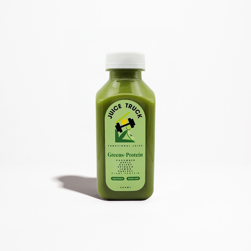 A bottle of Greens + Protein juice by Juice Truck, displaying a green label with the product name and a brief description.
