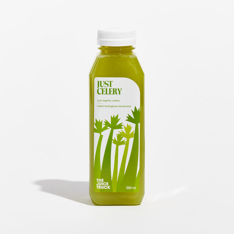 A bottle of Just Celery juice with a label featuring celery leaves, indicating it is a product by The Juice Truck.